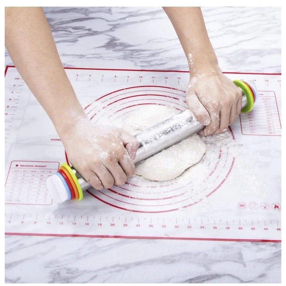 Rolling Pin & Pastry Baking Mat Set Rolling Pins W/ Adjustable Thickness Rings